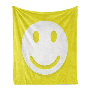 Yellow Soft Flannel Fleece Blanket, Rise Wake up Positive Optimistic Life Message Big Smiling Happy Face Artwork, Cozy Plush for Indoor and Outdoor Use, 60" x 80", Yellow and White, by Ambesonne