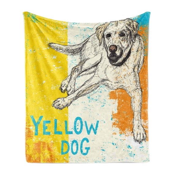 Yellow Soft Flannel Fleece Blanket, Sitting Dog Sketch Style Illustration on Striped Background Weathered Effect, Cozy Plush for Indoor and Outdoor Use, 50" x 60", Yellow Beige Blue, by Ambesonne