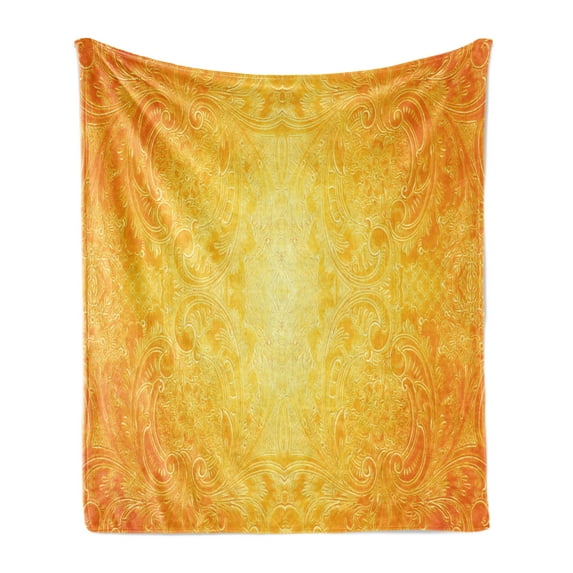 Yellow Soft Flannel Fleece Blanket, Victorian Style Antique Pattern with Ornamental Flourish Vintage Design Illustration, Cozy Plush for Indoor and Outdoor Use, 70" x 90", Marigold, by Ambesonne