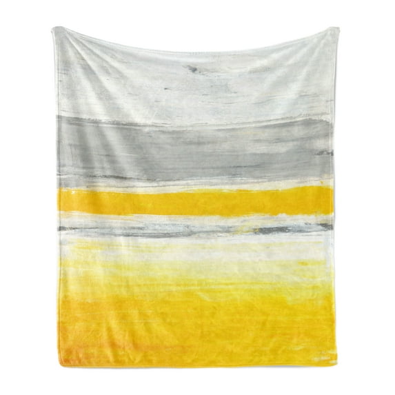 Yellow Soft Flannel Fleece Blanket, Watercolor Style Bicolor Abstract Art Design with Brush Stroke Effects, Cozy Plush for Indoor and Outdoor Use, 70" x 90", Pale Green Earth Yellow, by Ambesonne