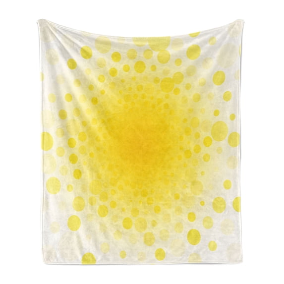 Yellow Soft Flannel Fleece Throw Blanket, Abstract Small Circular Dots Patterns and Forms Centered Sun with Spotted Design Art, Cozy Plush for Indoor and Outdoor Use, 70" x 90", Yellow, by Ambesonne