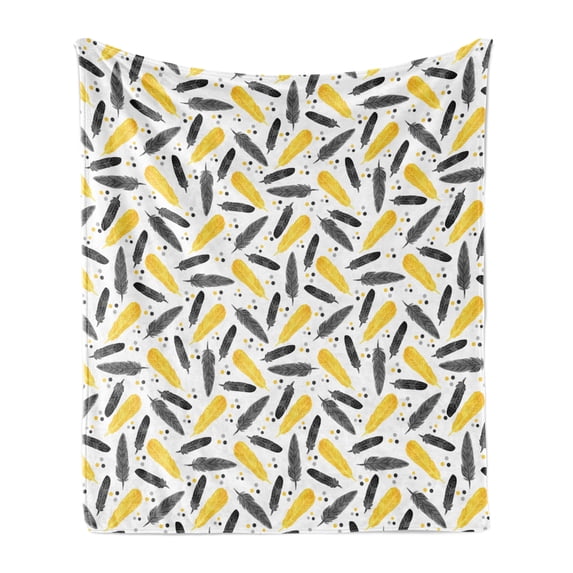 Yellow Soft Flannel Fleece Throw Blanket, Bird Feathers Patterns with Polka Dots Exotic Style Tribal Design Animal Print, Cozy Plush for Indoor and Outdoor Use, 70" x 90", Yellow Black, by Ambesonne