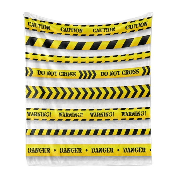 Yellow Soft Flannel Fleece Throw Blanket, Cautionary Tapes Arrangement Danger Warning Expressing Banners Security Theme, Cozy Plush for Indoor and Outdoor Use, 70" x 90", Black Yellow, by Ambesonne