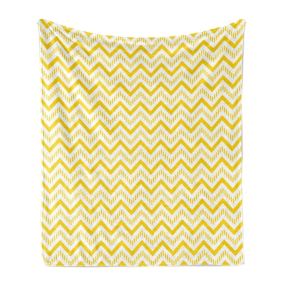 Yellow Soft Flannel Fleece Throw Blanket, Chevron Abstract Zig Zag Pattern Striped Cool Geometric 90s Style Retro Art, Cozy Plush for Indoor and Outdoor Use, 70" x 90", White and Yellow, by Ambesonne