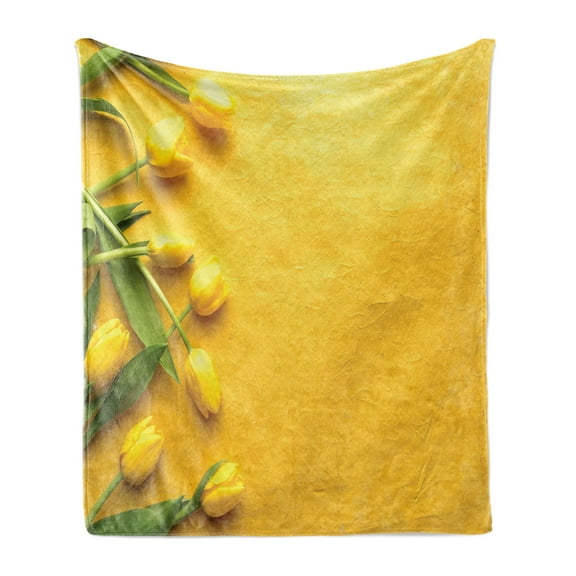 Yellow Soft Flannel Fleece Throw Blanket, Danish Dutch Tulips on Colored Wall Garden Floral Love Lily Herbs Print, Cozy Plush for Indoor and Outdoor Use, 60" x 80", Yellow Green, by Ambesonne