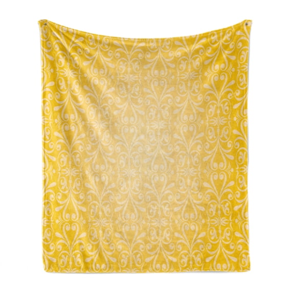Yellow Soft Flannel Fleece Throw Blanket, Diagonal Swirling Ornate Victorian Damask Patterns on Retro Background Graphic Design, Cozy Plush for Indoor and Outdoor Use, 50" x 60", Yellow, by Ambesonne