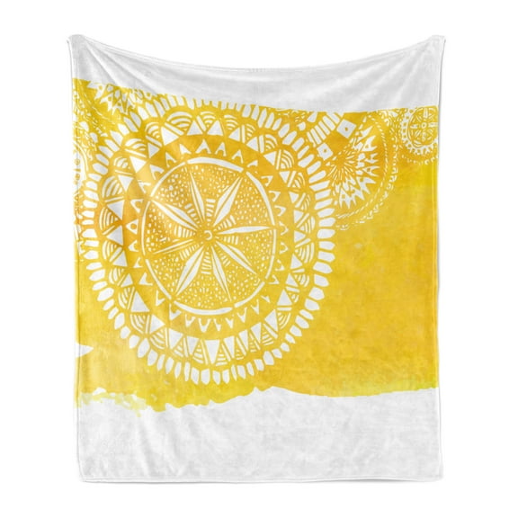 Yellow Soft Flannel Fleece Throw Blanket, Mandala Pattern Artwork Geometric Floral Style Oriental Illustration Print, Cozy Plush for Indoor and Outdoor Use, 50" x 70", Yellow White, by Ambesonne