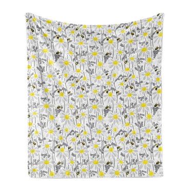 Yellow Soft Flannel Fleece Throw Blanket, Pattern with Bees and Chamomile Daisy Flowers in Flourishing Meadow Nature, Cozy Plush for Indoor and Outdoor Use, 70" x 90", Grey Yellow White, by Ambesonne