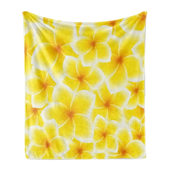 Yellow Soft Flannel Fleece Throw Blanket, Plumeria Frangipani Flower Blossom Pattern Hawaiian Floral Wildlife Artwork, Cozy Plush for Indoor and Outdoor Use, 50" x 70", Yellow and White, by Ambesonne
