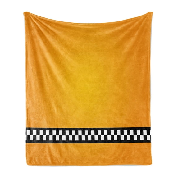 Yellow Soft Flannel Fleece Throw Blanket, Taxi Cab Car Line of Checkers Classical American Vehicle Print, Cozy Plush for Indoor and Outdoor Use, 60" x 80", Orange White and Black, by Ambesonne