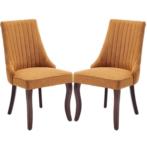 Yellow Soft Short Plush Dining Chair Set of 2 with Curved Solid Wood Legs