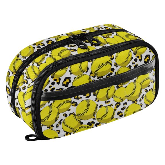 Yellow Softball Pattern PVC Pencil Case Water-Repellent Clear Window Pencil Bag Organizer 8.3in