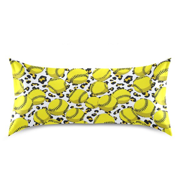 Yellow Softball Pattern Pillow Case Queen Size Silky Satin Pillow Cover for Bedroom 20x30 Inch