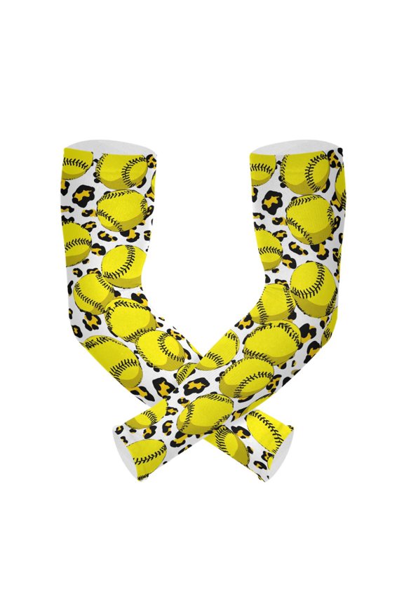 Yellow Softball Pattern UV Protection Cooling Arm Sleeves, Compression Sun Sleeves for Men Women Sports