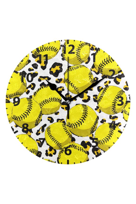 Yellow Softball Pattern Wall Clock 10in Round Artistic Oil Painting Home Decor Desk Table Clock