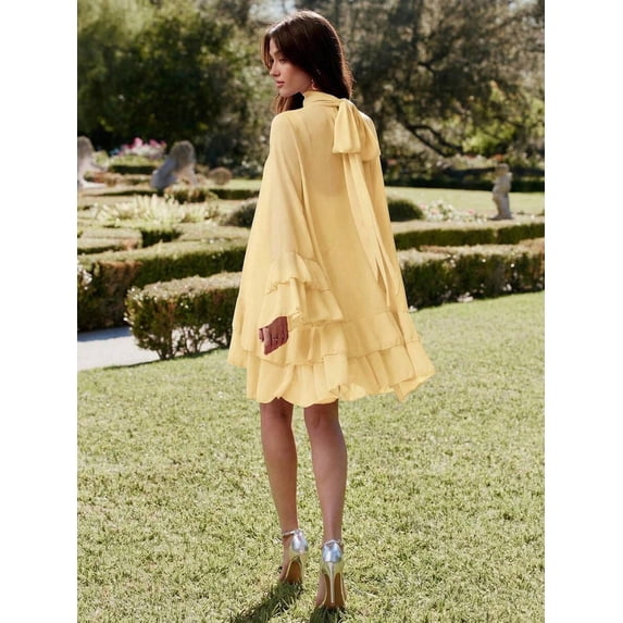 Yellow Solid Color Layered Stand Collar Elegant Long Sleeve Mini Dress