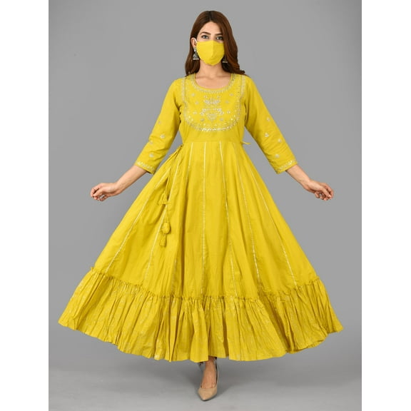 Yellow Solid & Silver Foil Work Pure Cotton Anarkali Dress