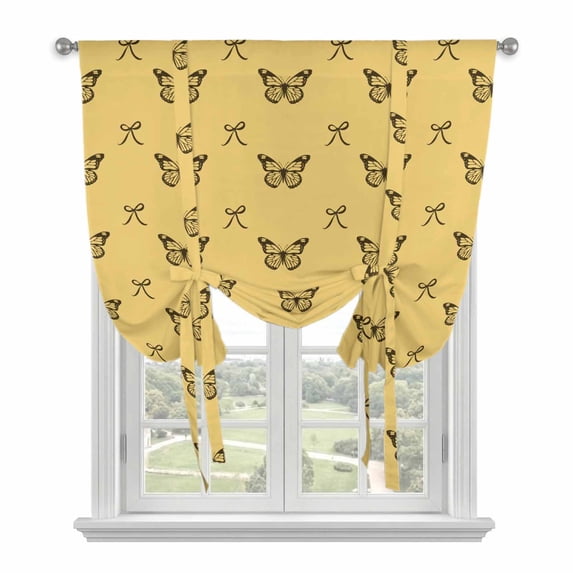 Yellow Spring Butterfly Balloon Curtains for Living Room/French Door, Black Bow Knot Tie Up Curtains 63 Inch Length Energy Saving Kitchen Curtains Shades for Windows 42"x63"