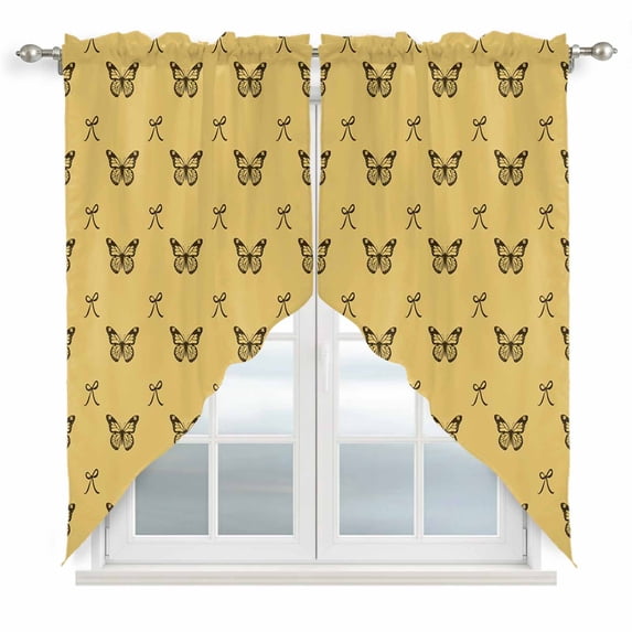 Yellow Spring Butterfly Swag Valances for Windows 2 Pack, Kitchen Window Curtains 36 Inch Length, Black Bow Knot Privacy Swag Curtains for Living Room/Bathroom with Rod Pocket 36"x36"