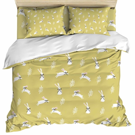 Yellow Spring Easter Set of 4 Bedding Quilt Covers, Cute Bunny Botanical 4-Piece Bed Sheet Set with Extra Soft Bed Sheets Quilt Cover Pillowcase, Twin
