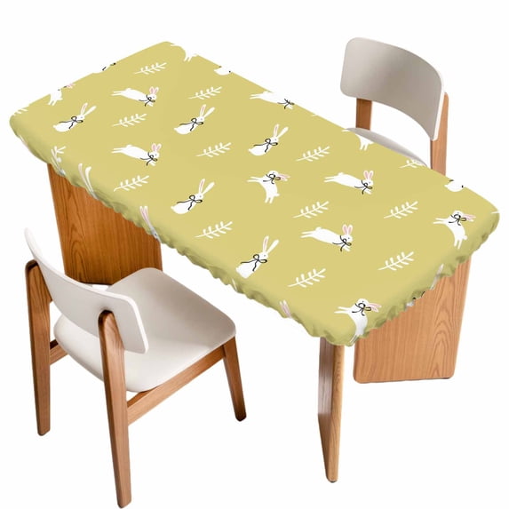 Yellow Spring Easter Table Cloths for 5 Foot Rectangle Tables, Cute Bunny Botanical Patio Waterproof Elastic Fitted Tablecloths, Washable Rectangular Table Cover for Camping