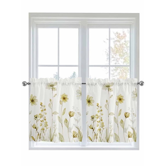 Yellow Spring Floral 2 Panel Kitchen Curtains for Small Windows, Summer Flowers Botanical Elegant Bathroom Tier Curtain, Short Window Treatment for Bedroom/Living Room 55"x36"
