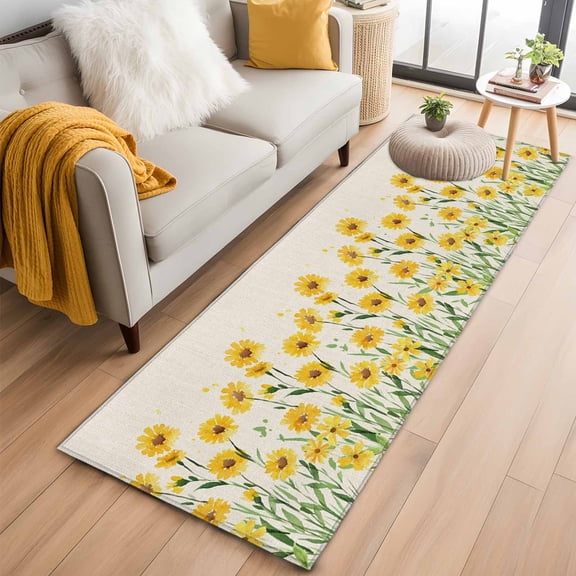 Yellow Spring Floral 2'x6' Runner Rugs for Hallway Kitchen Bedside Non Slip Washable, Pastoral Flowers Daisy Rustic Entryway Rug Runners with Rubber Backing, Long Carpet Runner for Laundry Room