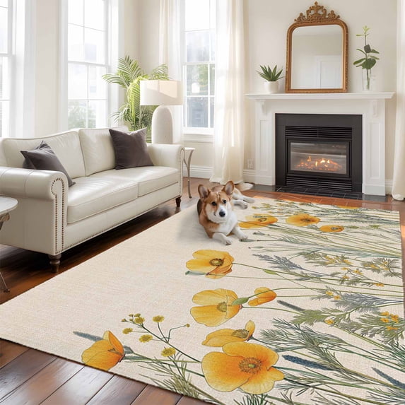 Yellow Spring Floral Area Rug 5x8 FT, Non Slip Bedroom Throw Carpet, Watercolor Farmhouse Botanical Washable Soft Floor Carpet Non-Shedding Rug for Living Room Nursery Dorm Office