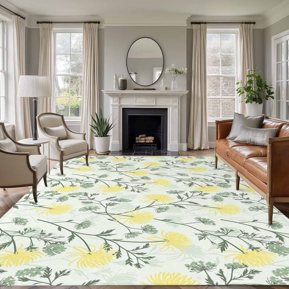 Yellow Spring Floral Area Rugs 5'x8', Washable Small Throw Rugs for Classroom Bedroom, Flowers Leaves Pastoral Botanical Indoor Outdoor Rug Non-Slip Low Pile Carpet Runner Reversible Floor Mats