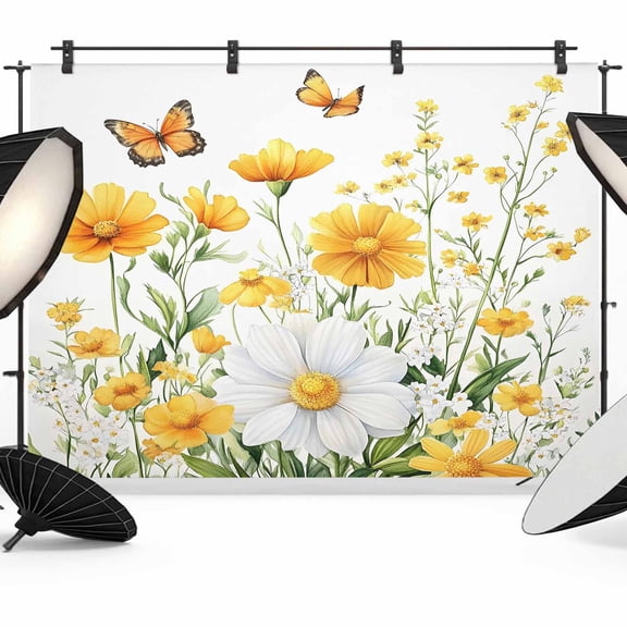 Yellow Spring Floral Backdrop for Photoshoot,Photography Photo Studio Background Wall Backdrop,Pastoral Summer Botanical Daisy Back Drop Banner Panel for Portraits Wedding Party Live Streaming 12x8Ft