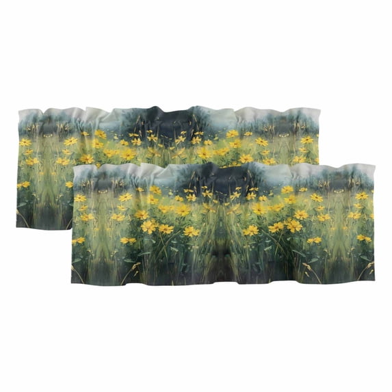 Yellow Spring Floral Curtain Valances for Windows, Kitchen Valance Window Treatments Panel 2 Pack, Green Botanical Modern Oil Painting Rod Pocket Short Curtains for Bathroom Bedroom 42 x 12 Inch