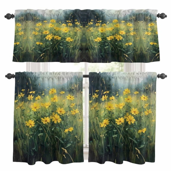 Yellow Spring Floral Kitchen Curtains Sets for Windows 24 Inch Length, Green Botanical Modern Oil Painting Rod Pocket Window Treatments Tier Curtains and Valances Set for Bedroom/Bathroom