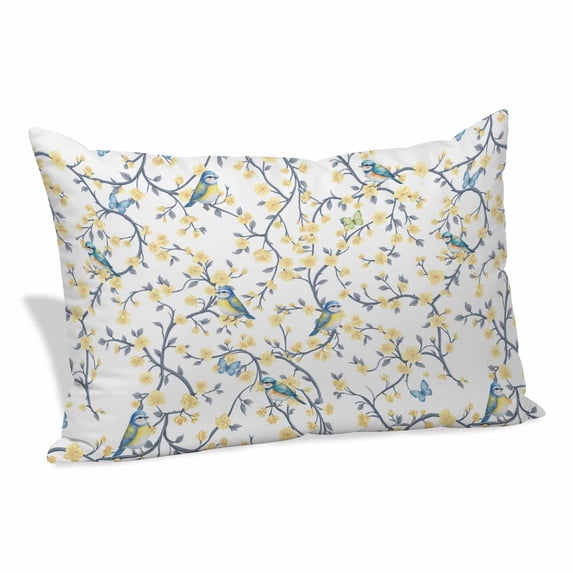 Yellow Spring Floral Pillow Covers, Linen Long Throw Pillow Case, Watercolor Birds Elegant Pastoral Holiday Pillow Protector Decorative Cushion Cover for Living Room/Bedroom 20" x 36"