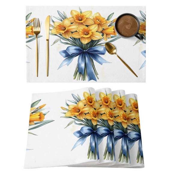 Yellow Spring Floral Placemats Set of 4 Blue Bow Knot Botanical Green Place Mats Indoor Wipeable Table Mats Washable Cloth Dining Table Placemats for Kitchen Holiday Party Home Decor 13x19 Inch