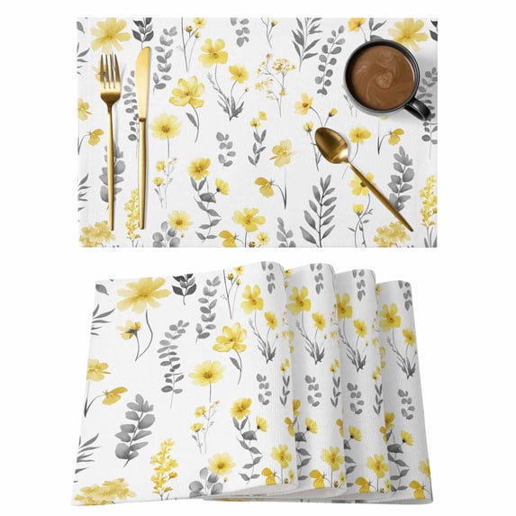 Yellow Spring Floral Placemats Set of 6, Flowers Botanical Elegant Pastoral Placemats for Dining Table, Place Mats for Kitchen Tabletop, Waterproof Wipeable Dining Table Mats Set