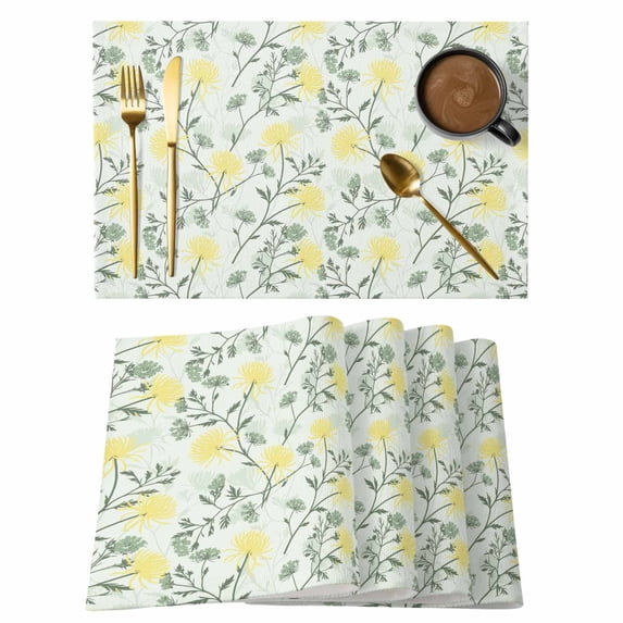 Yellow Spring Floral Placemats Set of 6, Flowers Leaves Pastoral Botanical Placemats for Dining Table, Place Mats for Kitchen Tabletop, Waterproof Wipeable Dining Table Mats Set