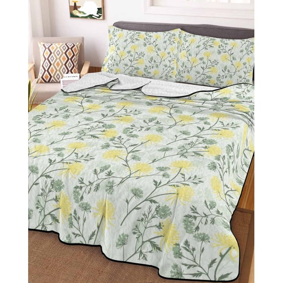 Yellow Spring Floral Queen Size Down Alternative Comforter, Lightweight Comforter Quilt Bedding Set with Pillow Shams Flowers Leaves Pastoral Botanical All Seasons Bed Comforter Duvet Insert 90"x96"