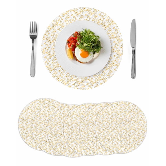 Yellow Spring Floral Round 13 Inch Placemats Set of 6, Elegant Watercolor Summer Botanical HeatResistant Non Slip Place Mats for Dining Table, Wipeable Braided Kitchen Table Mats for Housewarming