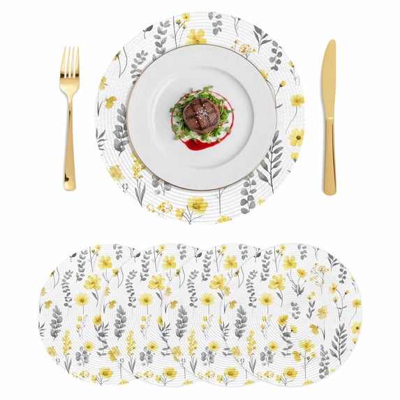Yellow Spring Floral Round 15 Inch Placemats Set of 4, Flowers Botanical Elegant Pastoral HeatResistant Non Slip Place Mats for Dining Table, Wipeable Braided Kitchen Table Mats for Housewarming