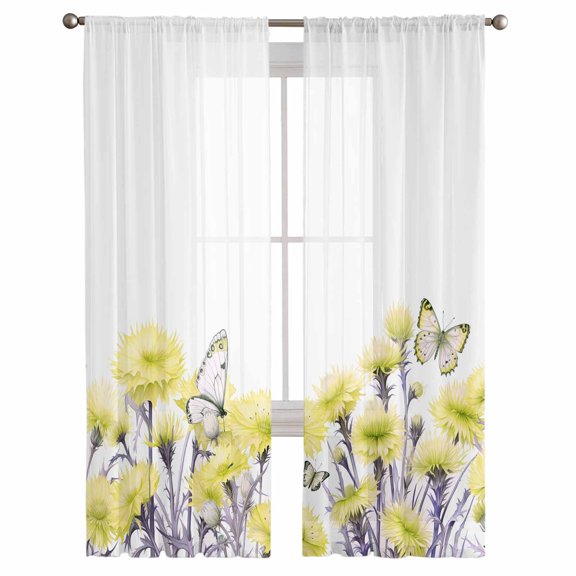 Yellow Spring Floral Semi Sheer Curtains 108 Inch Length 2 Panels Set, Watercolor Summer Botanical Elegant Sheer Kitchen Curtain Privacy Voile Window Curtain for Living Room Bedroom Rod Pocket Drapes