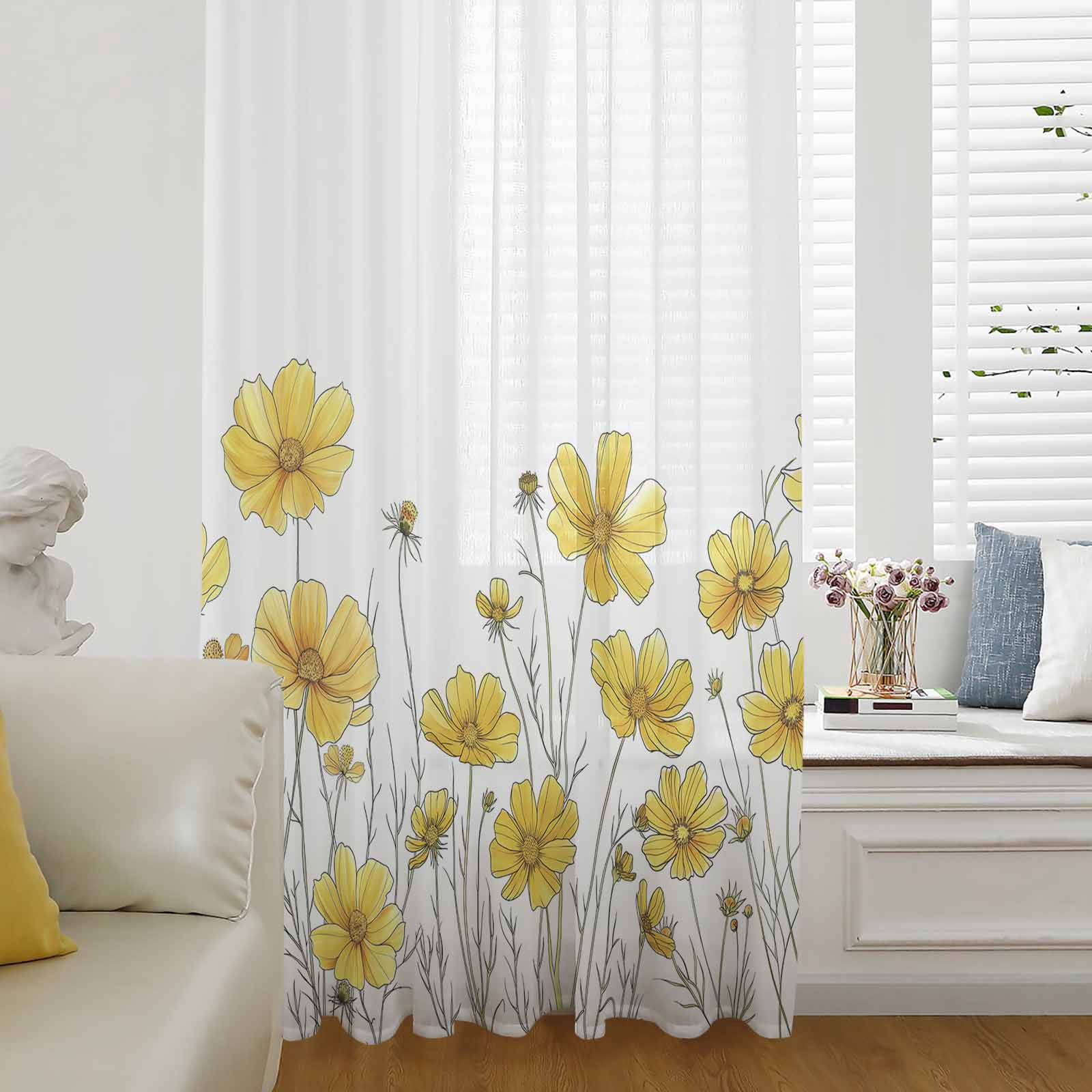 Spring Color Drape Yellow Spring Floral Semi Sheer Curtains Drapes for Living Room,Bedroom ...