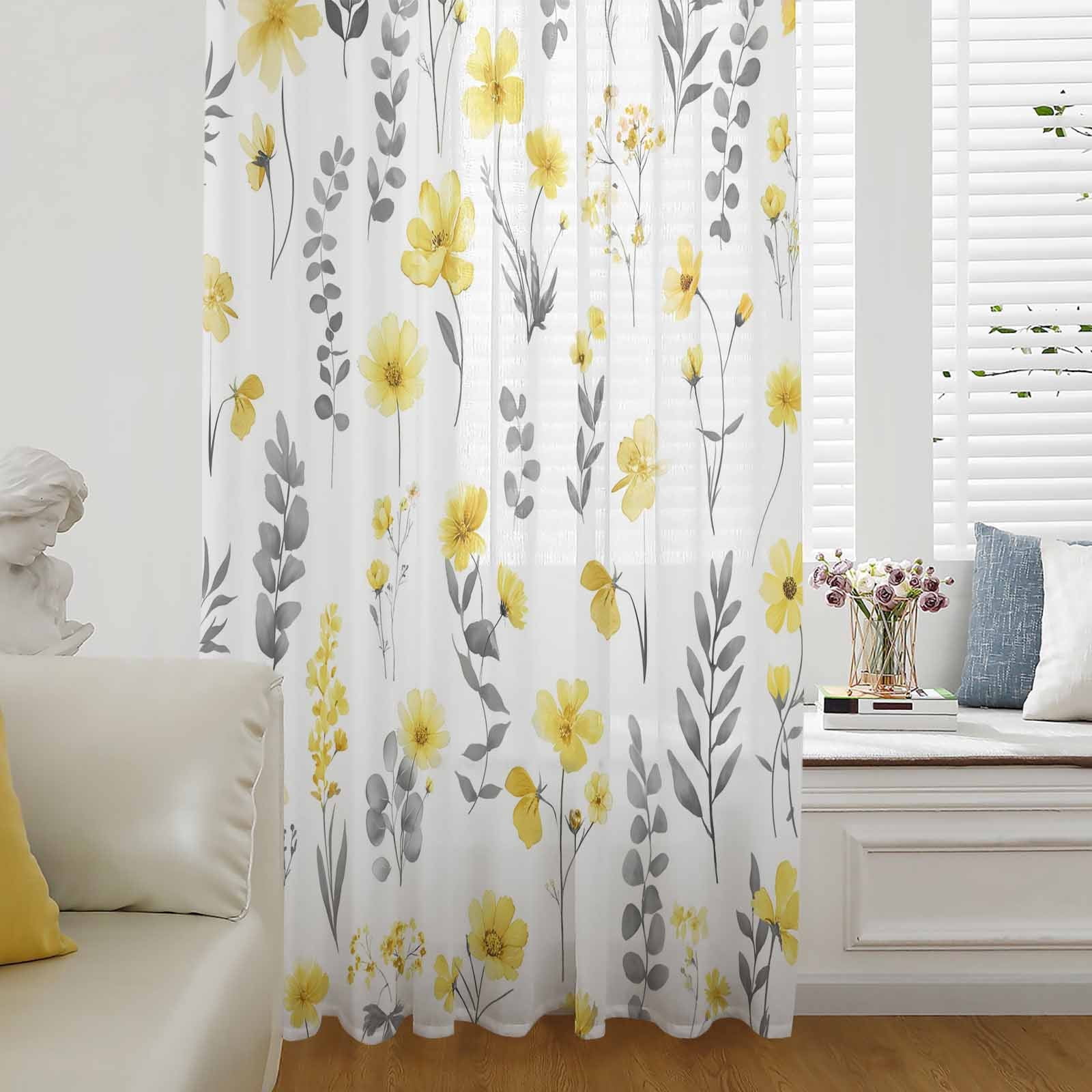 Spring Color Drape Yellow Spring Floral Semi Sheer Curtains Drapes for Living Room,Bedroom ...