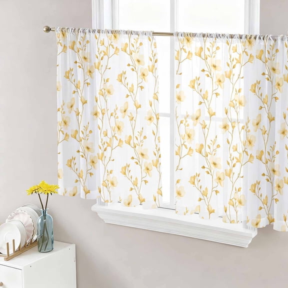Yellow Spring Floral Sheer Curtains 45 Inch Length 2 Panels Set, Elegant Watercolor Summer Botanical Voile Window Treatment Rod Pocket Small Kitchen Curtains Drapes for Bedroom 52"x45"x2