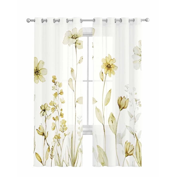 Yellow Spring Floral Sheer Curtains 63 Inch Length 2 Panels Set for Living Room/Bedroom, Summer Flowers Botanical Elegant Kitchen Curtains Grommet Semi-Sheer Curtains Window Treatments 42"x63"x2