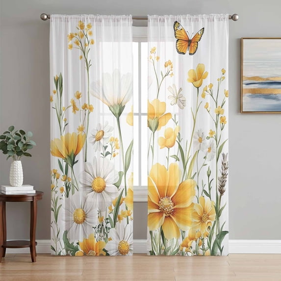 Yellow Spring Floral Sheer Curtains 63 Inch Length 2 Panels Set, Summer Daisy Pastoral Botanical Voile Window Treatment Rod Pocket Curtains Sheers Drapes for Bedroom/Living Room/Kitchen 52x"63"x2
