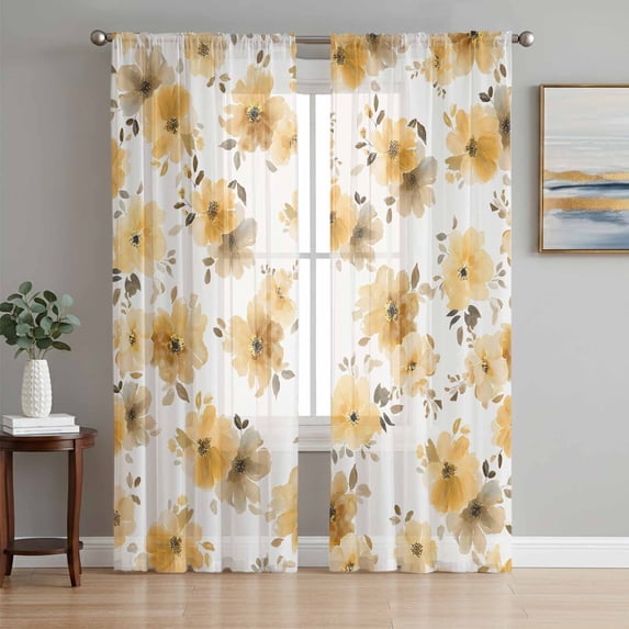 Yellow Spring Floral Sheer Curtains 72 Inch Length 2 Panels Set Window Treatments, Elegant Flowers Summer Botanical Rod Pocket Semi Curtains for Living Room/Bedroom/Kitchen Décor, 104"W x 72"L