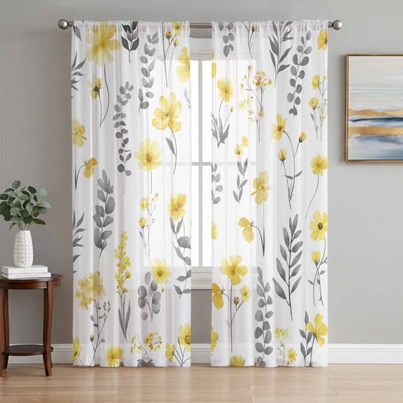 Yellow Spring Floral Sheer Curtains 72 Inch Length 2 Panels Set Window Treatments, Flowers Botanical Elegant Pastoral Rod Pocket Semi Curtains for Living Room/Bedroom/Kitchen Décor, 104"W x 72"L