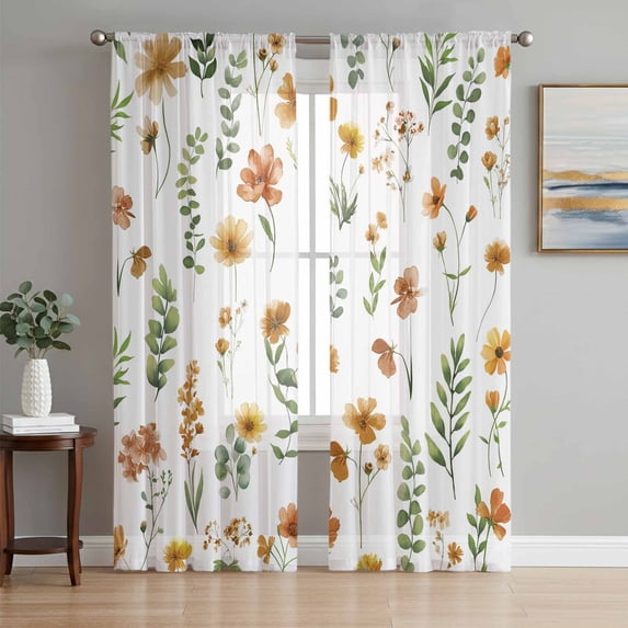 Yellow Spring Floral Sheer Curtains 84 Inch Length 2 Panels Set Window Treatments, Flowers Leaves Elegant Pastoral Rod Pocket Semi Curtains for Living Room/Bedroom/Kitchen Décor, 104"W x 84"L