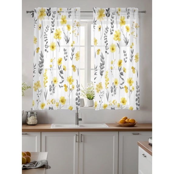Yellow Spring Floral Sheer Kitchen Tier Curtains 45 Inch length,Rod Pocket Half Curtains & Drapes,Flowers Botanical Elegant Pastoral Chiffon Cafe Bathroom Window Treatments 2 Pcs 27.5"W x 45"L