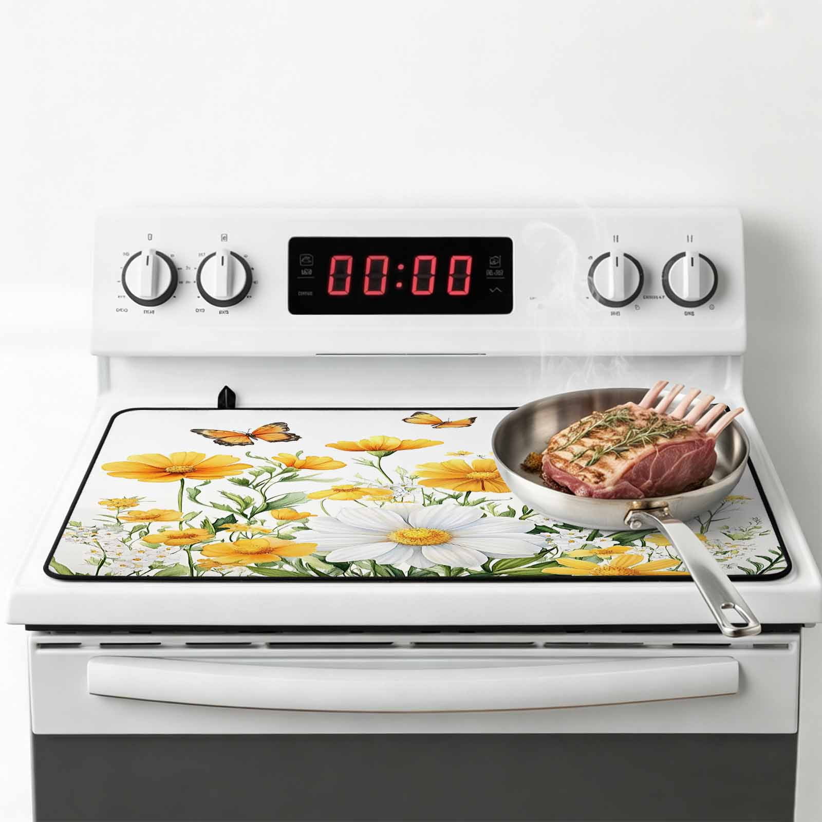 Yellow Spring Floral Stove Top Cover for Electric Stove, Heat-proof & Non Slip Glass Top Stove Cover Protector, Pastoral Summer Botanical Daisy Kitchen Flat Cooktop Rubber Mat 24x21 Inches